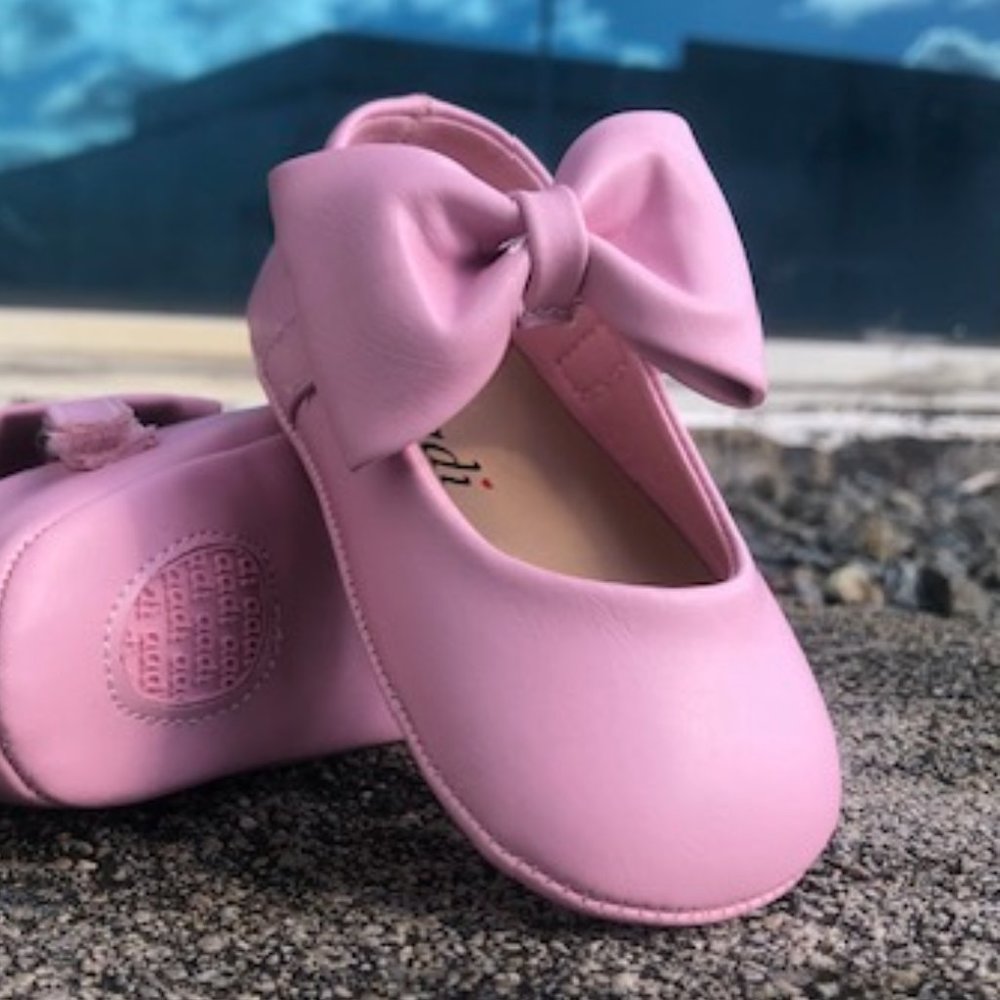 Baby Girl Bow detail hook and loop Mary Jane Flat - Pink Leatherette
